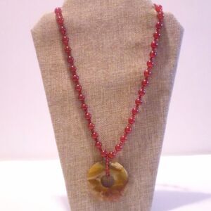 Carnelian Beaded Necklace with Agate Donut Pendant